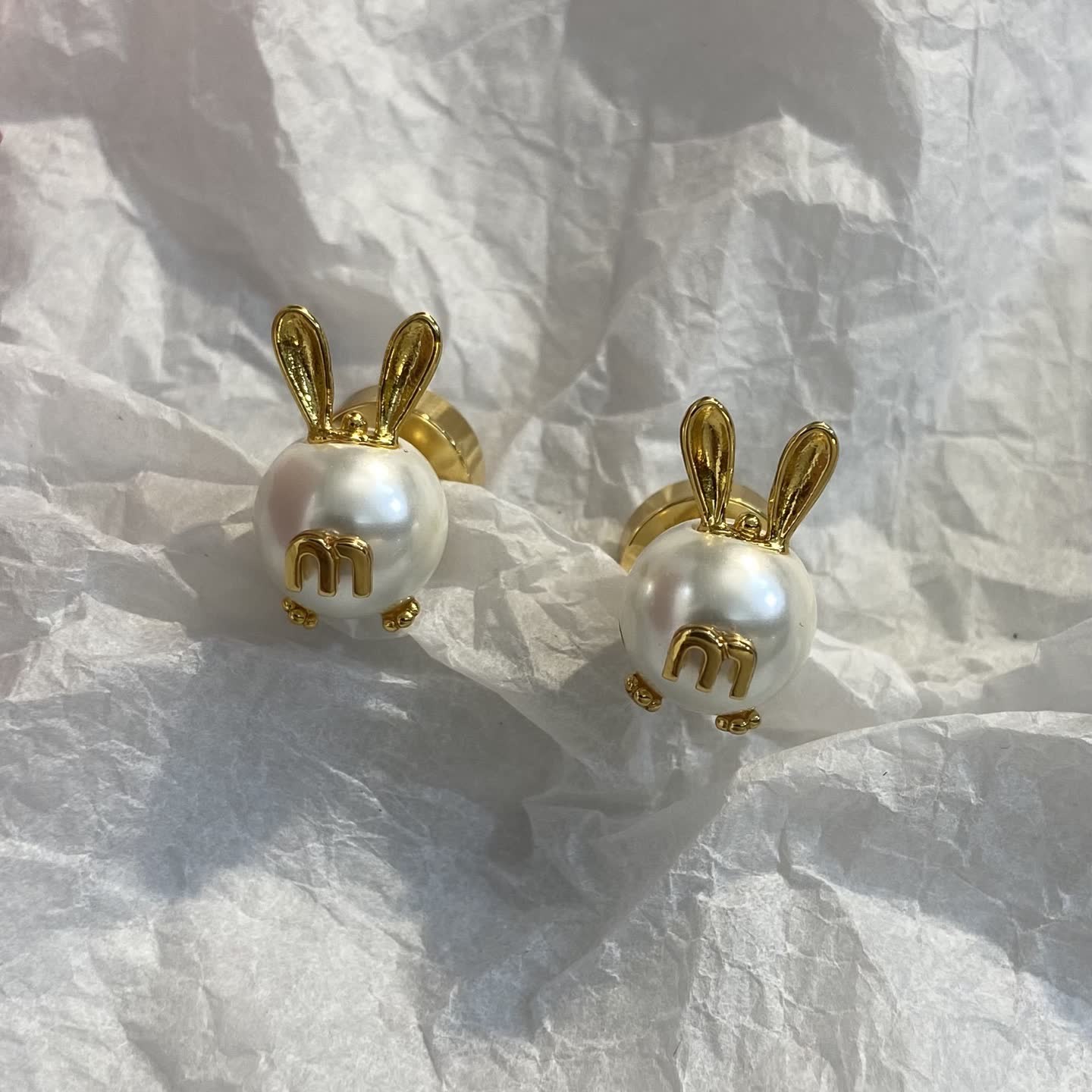Miu Miu Gold Rabbit Pearl Stud Earrings